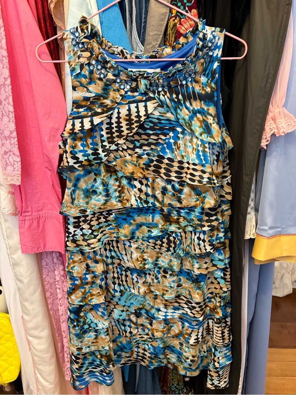 Laura Tiered Ruffle Sleeveless Dress with Decorated Neckline